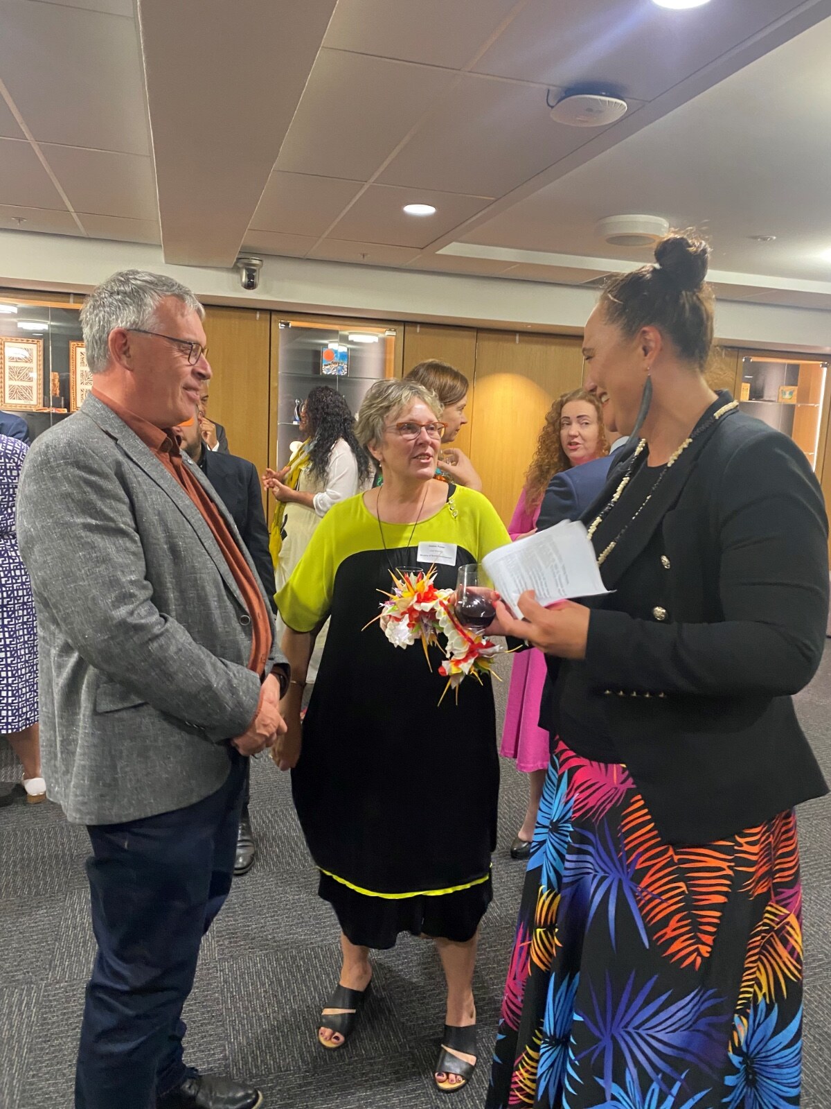 Terry Nicholas talking to MSD Chief Executive Debbie Power (middle) and Minister Carmel Sepuloni (right).