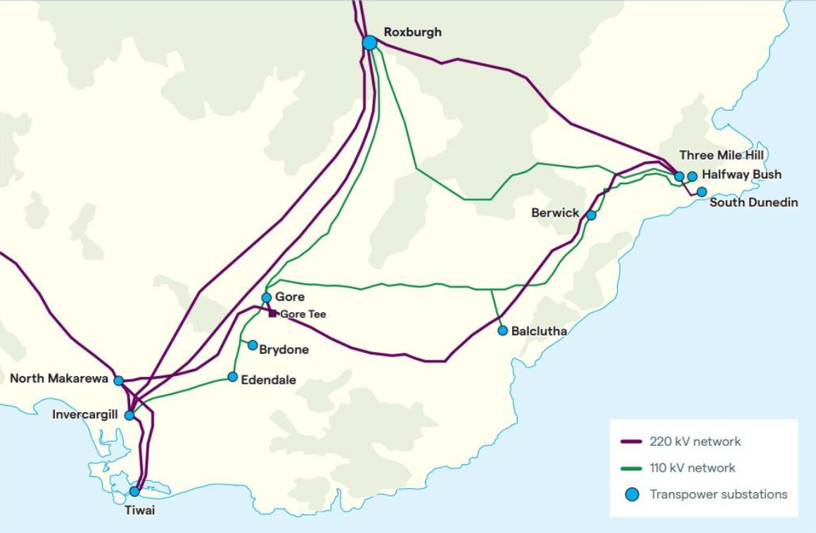 The transmission network in Murihiku-Southland and Southern Otago
