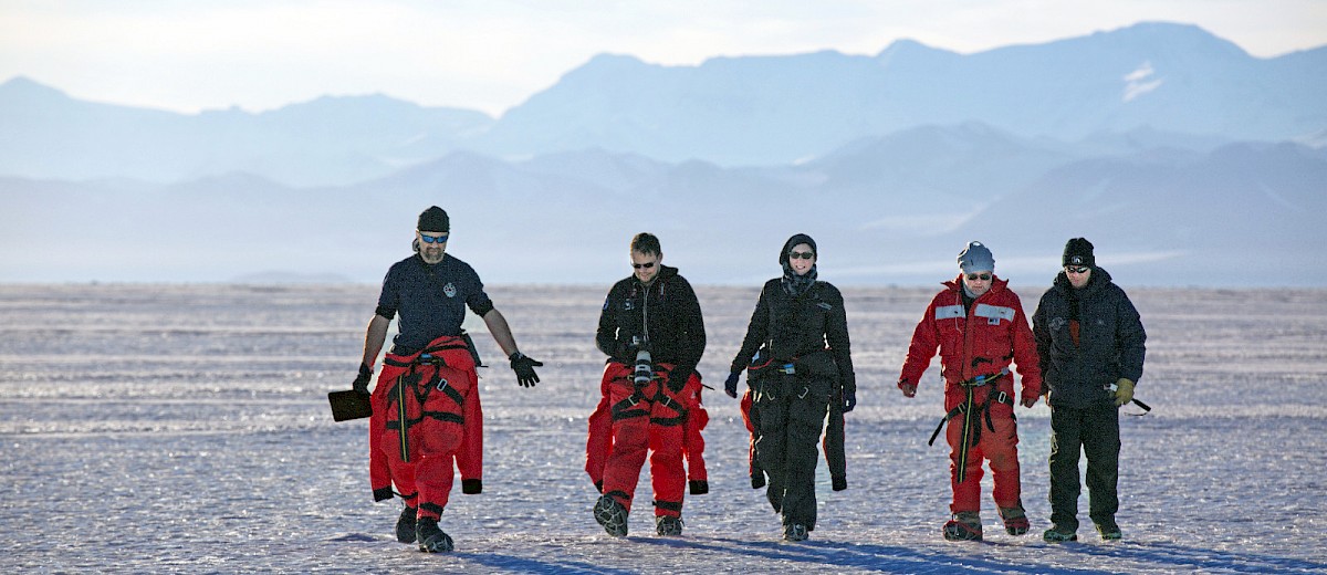 Dr Ben Sharp (far left) with the TPA Team in McMurdo Sound, Ross Sea, Antarctica. Photo: I. Visser/TPA