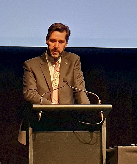 Prof Michael Stevens delivering his keynote address as part of the official launch of Murihiku ki Te Tonga at the international SCAR conference in Christchurch on 03 August, 2023. Photo: R. Eisert